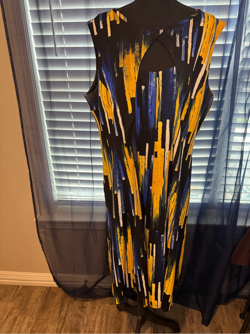 Ashley Stewart Sleeveless Maxi Dress in Black, Yellow & Blue Abstract Print